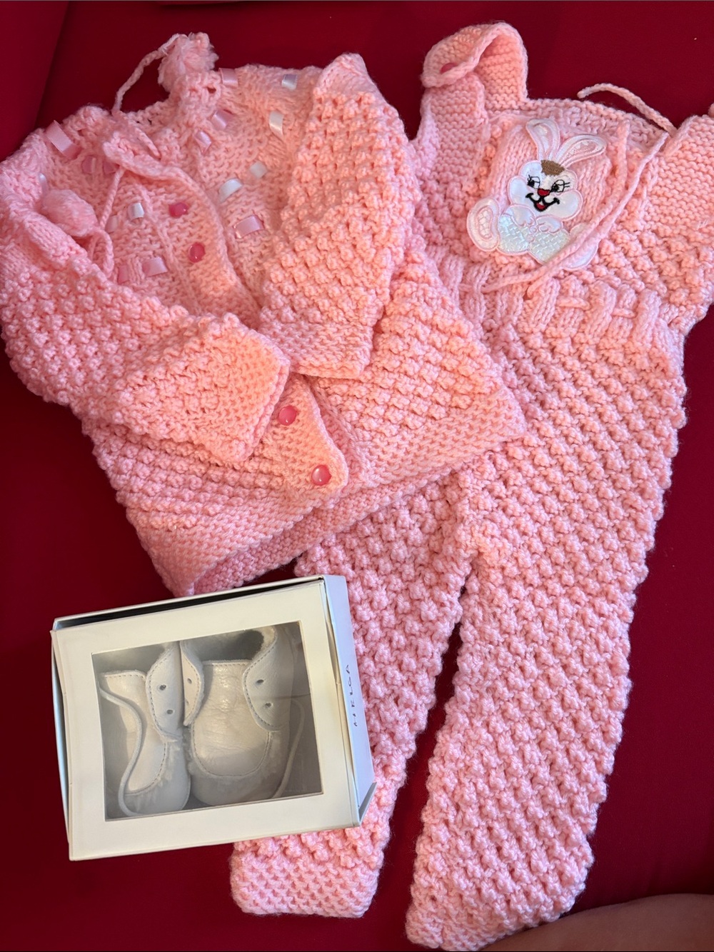Hand-Knit Pink Bunny Overalls & Cardigan Set for Kids